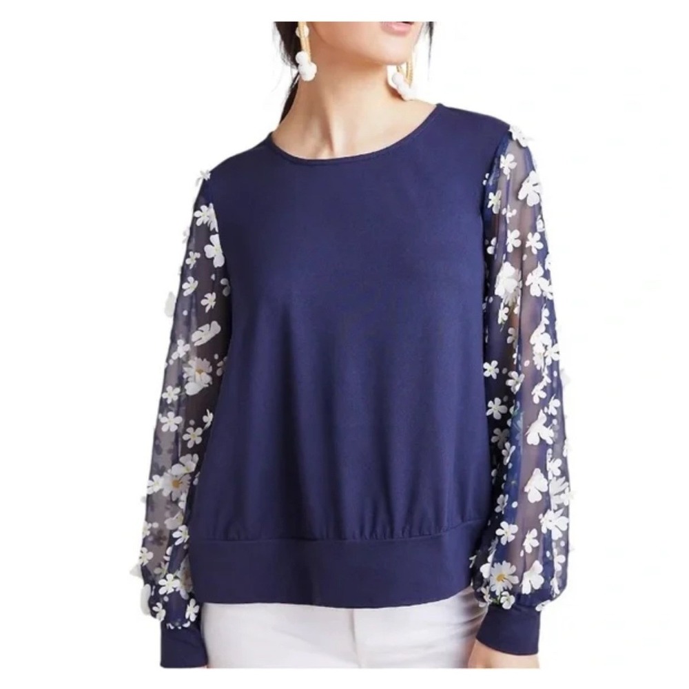 Eva Franco Womens Navy Daisy Floral Mesh Sleeve Top‎ Size XS Cottage Whimsical